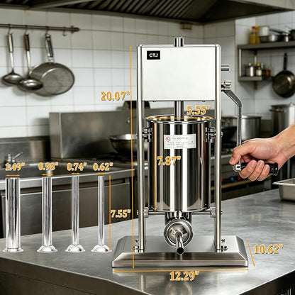 CTJ Sausage Stuffers Stainless Steel Sausage & Churro Maker 3L/7Lb | Manual 2 in 1 Sausage Stuffer & Churro Maker, 2-Speed Adjustable Vertical Sausage Maker, 4 Stuffing Tubes & Churros Nozzle