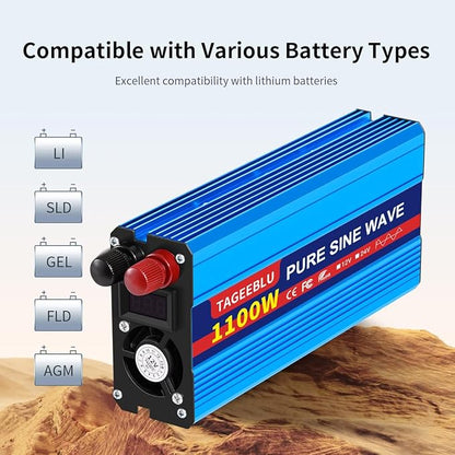1100 Watt Pure Sine Wave Inverter, Solar Power Inverter, 12V DC to 110V AC Converter for RV, Home, Truck, Coffee Maker, Washer, TV, Fridge, Solar Power Pack with 2 AC Outlets and LCD Display