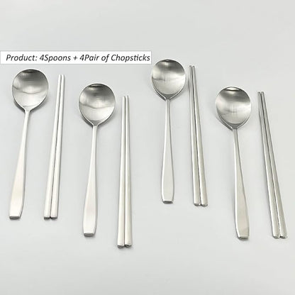 Korean Made Stainless Steel Silver Utensil Flatware Cutlery Korean Chopsticks and Spoons 4SET Gift for Mom, Stocking Stuffer