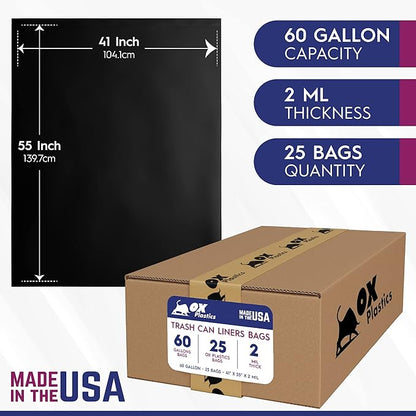 Ox Plastics Trash Can Liners Bags - 60 Gallon Capacity & 2mil Thick Extra Heavy Duty Strength - Large Garbage, Leak-Proof & Durable, House & Commercial Use Bags Black - 25 Count