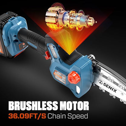 SENIX 20V 5" Mini Electric Chainsaw, Cordless Battery Powered Chainsaw, Brushless Small Handheld Portable Chain Saw, Best Gift for Men Dad Husband Fathers Gardener, Tool Only, CSX2-M3-0