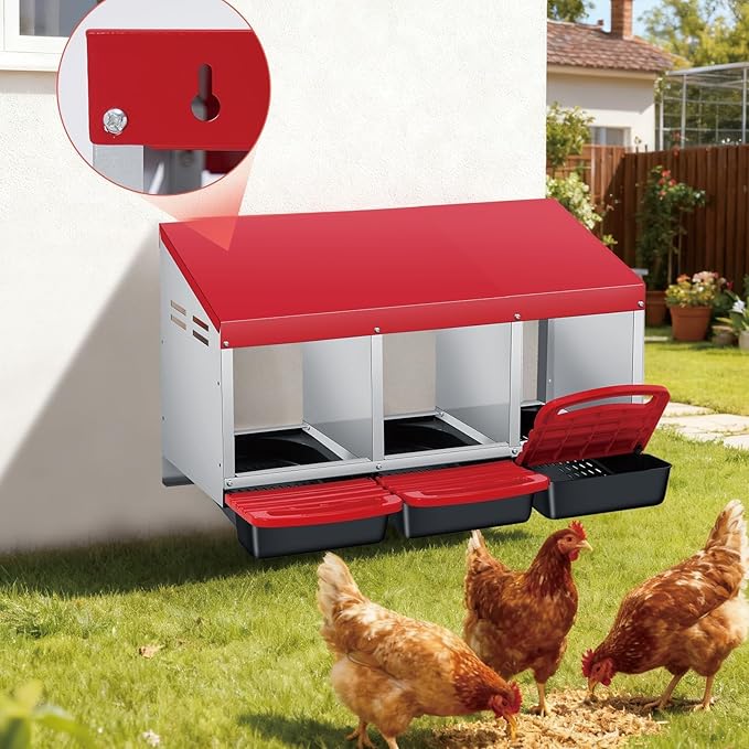 3 Compartment Metal Chicken Nesting Box, Includes 3 Soft Hay Mats, Automatic Roll-Out Egg Collection, Waterproof Galvanized Steel Laying Box with Perch & Wall Mount, for Hens Ducks Rabbits