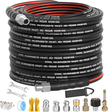 Sewer Jetter Kit for Pressure Washer 100FT, Drain Cleaner Hose 1/4 Inch NPT, NPT Corner Swivel and Push Button Nose Sewer Jet Nozzle Wrenches Gloves Waterproof Tape Pearl Brooch,5800PSI