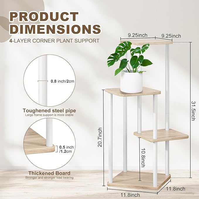 4 Tier Indoor Plant Stand Flower Shelf for Multiple Plants Corner, Tall Flower Holders for Patio Garden Living Room Balcony Bedroom(White Oak)