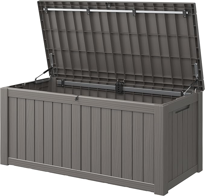 Deck Box, 120 Gallon Outdoor Storage Box Lockable Patio Waterproof for Furniture, Garden Tools, Sports Equipment and Pool Supplies, Waterproof, Resin, Lockable