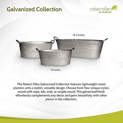 Headwind Decorative Planter - Oval Galvanized Tubs Planter with Handles – 24 Inch Lightweight Steel Indoor Oval Plant Pot with Drainage Holes – Large Galvanized Tub Flower Bucket – Outdoor Planter