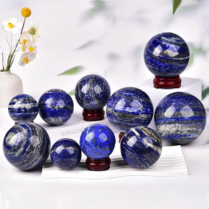 JIC Gem Large Blues Lapis Lazuli Crystal Sphere Ball with Wooden Stand Quartz Crystal Ball Healing Crystal Sphere 90-100mm