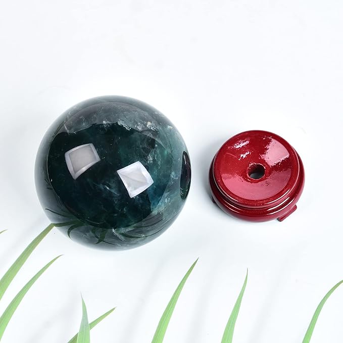 JIC Gem Small Natural Fluorite Crystal Ball Green Purple Quartz Healing Gemstone Sphere with Decorative Wooden Stand for Meditation,Home Decoration Christmas Day Gifts (60-70mm)