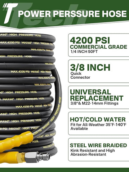 4200PSI Pressure Washer Hose 50FT with 3/8" Swivel Quick Connect for Cold/Hot Water, Kink Resistant Steel Wire Braided, Wear Resistant Power Washer Hose with 2 M22 14mm Adapter Set