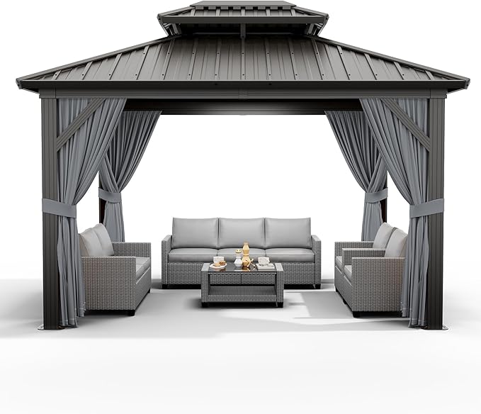12'x10' Hardtop Gazebo, Heavy Duty Aluminum Permanent Hardtop Gazebo Outdoor Pavilion with Curtains and Netting for Garden (Gray, 12'x10')