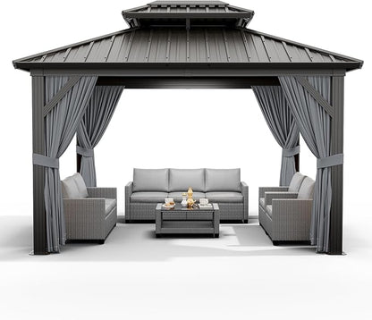 12'x10' Hardtop Gazebo, Heavy Duty Aluminum Permanent Hardtop Gazebo Outdoor Pavilion with Curtains and Netting for Garden (Gray, 12'x10')