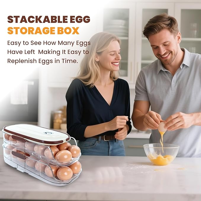 Egg Holder for Fridge, Automatic Rolling Egg Organizer for Refrigerator, Clear Plastic Egg Container & Tray, Stackable Dispenser and Storage Bin For Organizers and Storage -2 Layer