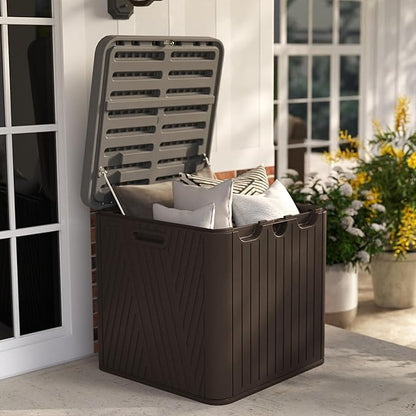 60 Gallon Outdoor Storage Box, Waterproof Patio Deck Box with Lockable Lid, Heavy-Duty HDPE Bench for Garden Tools, Cushions (Brown, 60 Gallon)