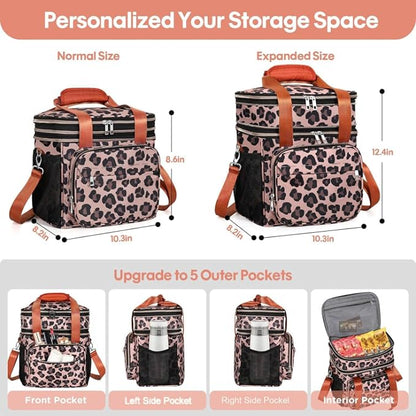 Expandable Lunch Box Cooler Bag - Insulated Soft Lunch Bag for Men Women - Large Lunchbox for Adults Work Camping Outdoor Travel Leopard 16L