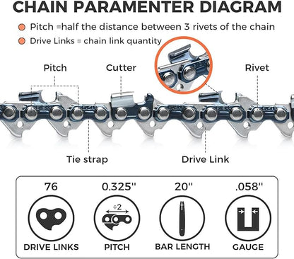 20 Inch Chainsaw Chain .325" Pitch .058" Gauge 76 Drive Links for Blue Max 53543, 8901, 8902 (3 Packs) (21YOP-6)