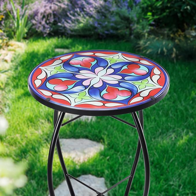 MUMTOP Side Patio Tables-Mosaic Outdoor Side Table - 14’’ Symmetrical Pattern Glass Accent Round End Table, Plant Stand Indoor Small Coffee Table for Garden or Living Room Decor