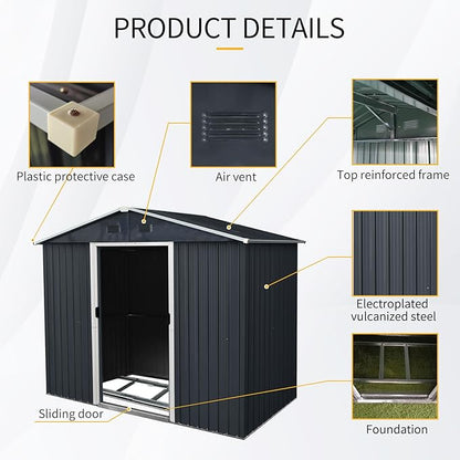 4x8 FT Outdoor Storage Shed, Metal Garden Shed with Frame Floor, Outside Tool Shed with Lockable Sliding Doors, Waterproof Storage Building with Sloped Roof for Backyard, Patio, Lawn, Black