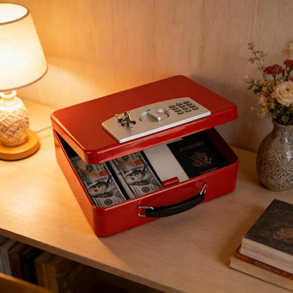 KYODOLED Red Safe Box with Digital Keypad Lock, Lock Box with Code for Personal Items, Metal Security Box for Cash, Passport, Jewelry, Ideal for Home, Office, Garage Sale, 11.8'' x 9.4'' x 3.5''