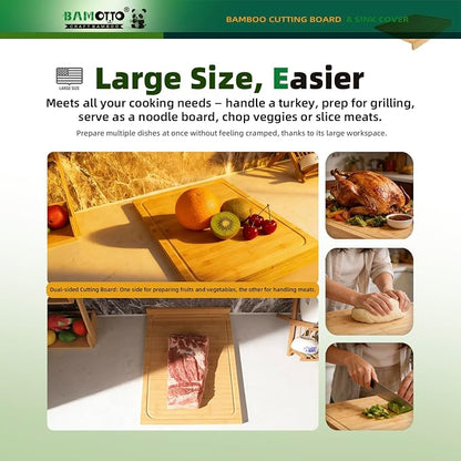 BAMOTTO CRAFTBAMBOO 15.8x22 Inch Large Bamboo Cutting Board Sink Cover | Non-Slip Detachable Lip | Reversible with Juice Groove | Kitchen Countertop Board Noodle Board | Stovetop Cover