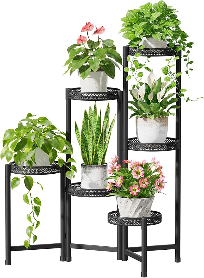 iDavosic.ly Plant Stand Indoor Outdoor, 6 Tier Corner Metal Flower Display Holder Shelf, Folding Tall Orchid Rack for Patio Balcony Porch Garden Living Room House, Wrought Iron - Modern Black