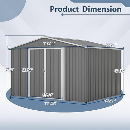 10X8 FT Outdoor Storage Shed, All Weather Metal Sheds withLockable Doors, Tool Shed for Garden, Patio, Backyard, Lawn, Silver Gray
