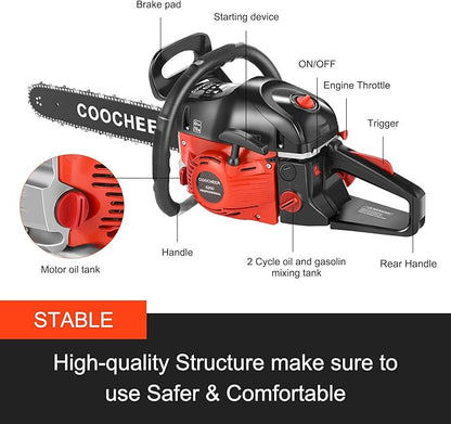COOCHEER 62CC Gas Chainsaw 20 Inch 2-Cycle Gas Powered Chain Saws 3.5 HP Power Chain Saw Cordless Gasoline Powered Chainsaw with 2 Chains for Tree Wood Cutting