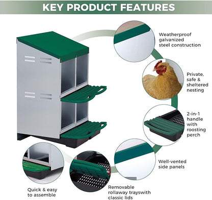 Chicken Nesting Boxes, Metal Rollaway Chicken Nest Box with Rollout Egg Collection, Removable Tray & Nesting Pads, Egg Laying Box for Chicken Coop Hens, Wall Mount or Standing, 3 Compartments 2 Layer