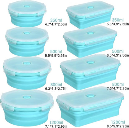 Yaomiao 16 Pack Collapsible Food Storage Containers with Lid Air Vent Foldable 8 Rectangle Storage Bowl and 8 Round Silicone Food Bow for Lunch Camping Rv Accessories Microwave Freezer(Blue)