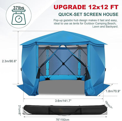 COBlZl Pop Up Gazebo 12x12 Screen House Tent for Camping, Outdoor Instant Stargazing Gazebo Canopy with Awning 2.0, Portable Hub Tent with Removable Sidewalls,Pavilion for Backyard,Blue
