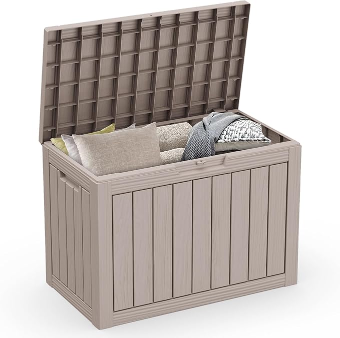 ROJIK Outdoor Storage Housing Deck Box - Waterproof Patio Furniture, Garden Tools, Cushions, Pool Accessories Storage Bench with Lockable Lid and Side Handles (Grey, 45 Gal)