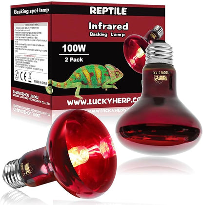 LUCKY HERP Infrared Heat Lamp 100W 2 Pack，Reptile & Amphibian Basking Spot Light Bulbs, Red Heat Lamp Bulbs for Reptiles, Bearded Dragon, Turtle, Lizard, Snake, Chicken