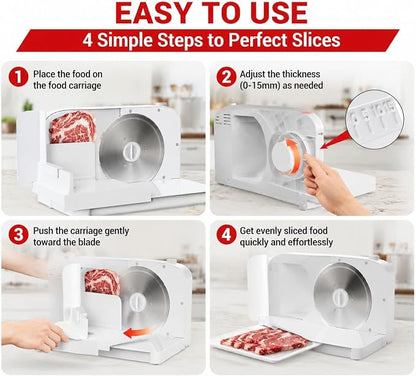 Meat Slicer Machine for Home,Foldable 150w Electric Meat Slicer with 6.7"Removable Stainless Steel Blade & Tray | 0-15mm Adjustable Thickness | Dual Safety Lock, Food Deli Slicer for Frozen Meat Jerky