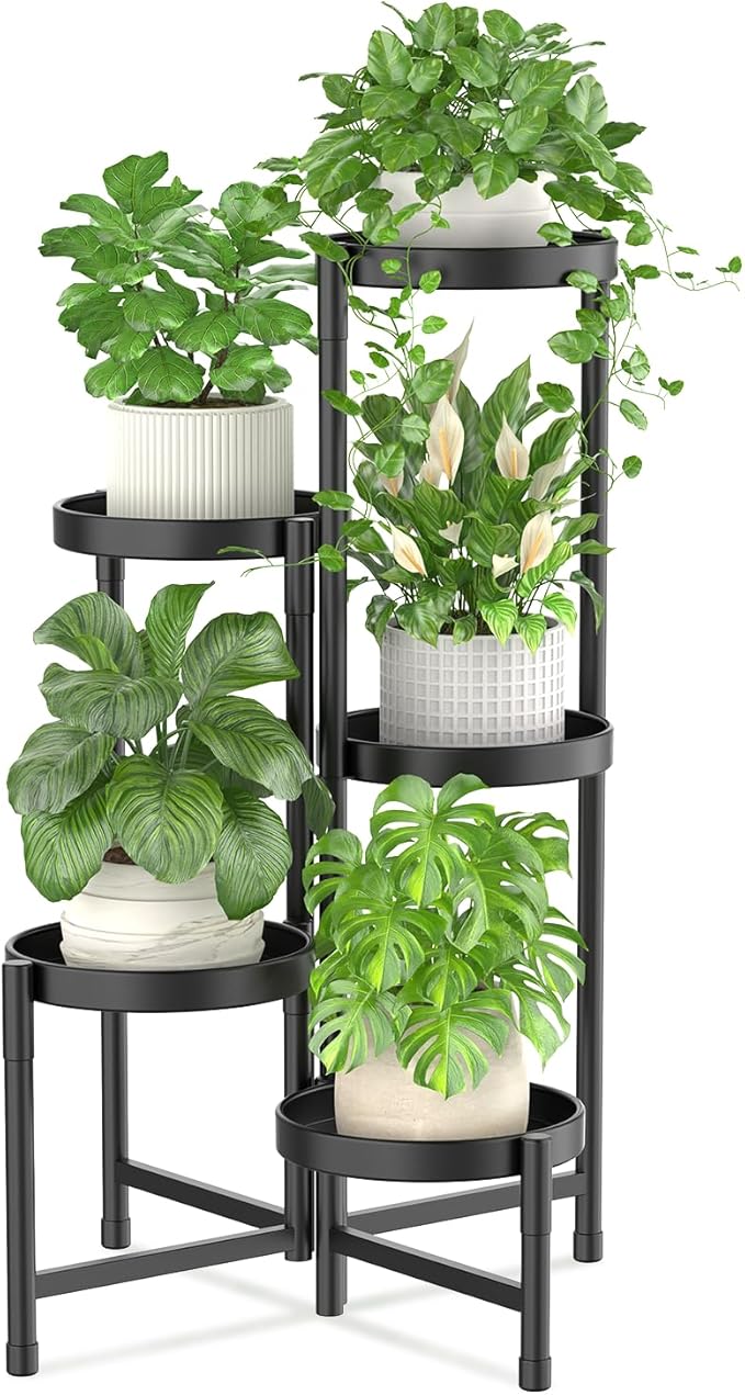 iDavosic.ly Plant Stand Indoor Outdoor, 5 Tier Corner Metal Flower Display Holder Shelf, Folding Tall Orchid Rack for Patio Balcony Porch Garden Living Room House, Black