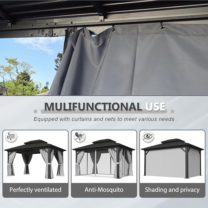 Aoxun 10' X 14' Hardtop Gazebo, Aluminum Metal Outdoor Gazebo with Galvanized Steel Double Roof, Permanent Patio Pavilion with Breathable Netting and Curtains for Dining, Wedding, Party