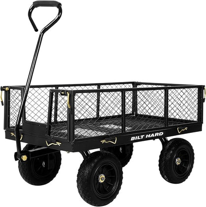BILT HARD 10" Flat Free Tires Heavy Duty Garden Cart with 180° Rotating Handle and Removable Sides, 4 Cu.Ft 400 lbs Capacity Utility Steel Wagons for Outdoor