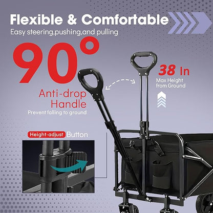 240L Capacity Foldable Wagon with Brakes, 49" Extra Long Extender Wagon Cart 460lbs Heavy Duty Collapsible Utility Cart with All-Terrain Big Wheels for Camping, Shopping, Beach