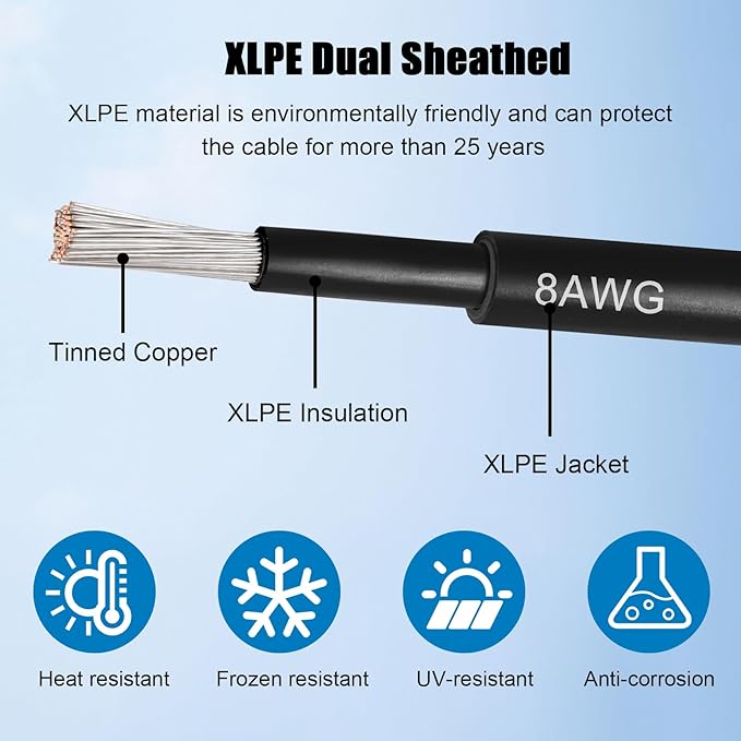 8 AWG Solar Cable 100FT Red + 100FT Black Tinned Copper Wire, 8 Gauge Solar Panel Wire for RV, Automotive, Trailer, Marine, Outdoors