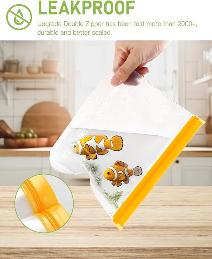 IDEATECH 10Pack Reusable Snack Bags Dishwasher Safe, Leakproof Reusable Freezer Bags, Food Freezer Storage Bags, Clear Small Resealable Baggies for Cookies, Candy (10Snack, Colored)