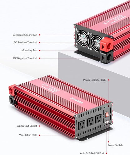 3000 Watts Power Inverter, 12V DC to120V AC Car Inverter with 3 AC Outlets and 2.4A USB Port, Battery Cables Included, 3000W Car Converter Suitable for Car RV Truck Boat(Red)