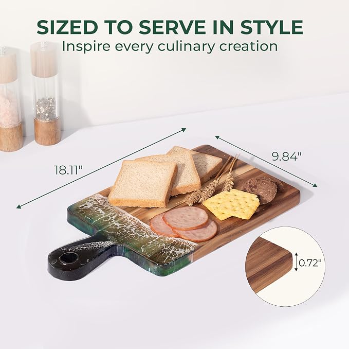 Acacia Wood Serving Board with Handle, 18.1" x 9.8", Dual-Sided Resin Art Tray for Display & Prep, Handcrafted Cutting Board, Includes Stand & Loofah, Christmas Housewarming Gift (Rectangular)