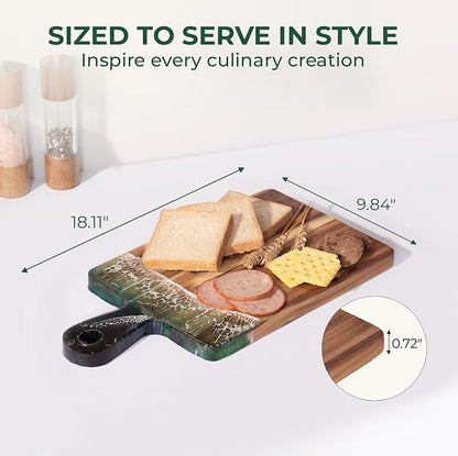 Acacia Wood Serving Board with Handle, 18.1" x 9.8", Dual-Sided Resin Art Tray for Display & Prep, Handcrafted Cutting Board, Includes Stand & Loofah, Christmas Housewarming Gift (Rectangular)