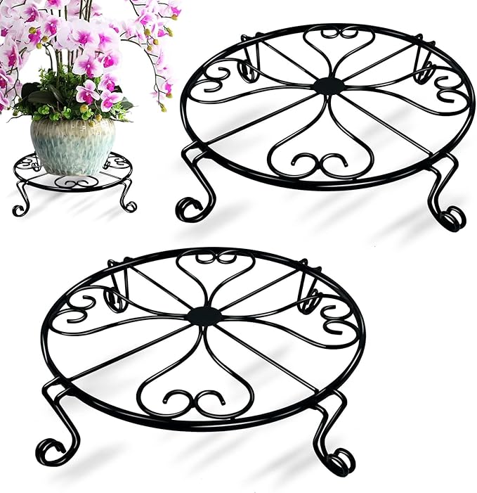 2 packs 12" Black Metal Plant Stands Heavy Duty Plants Holder Outdoor Indoor, Round Wrought Iron Sturdy Flower Planter Pot Stand, Corner Gardening Inside Potted Plant Risers - 12Inches