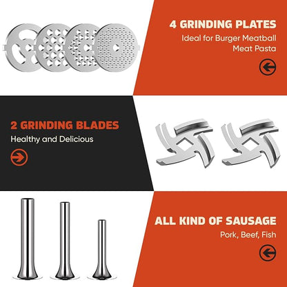 GVODE Stainless Steel Meat Grinder for KitchenAid Mixer, with Burger Press | Dishwasher Safe, Meat Grinder Attachment for KitchenAid Stand Mixer Includes 4 Grinding Plates, 3 Sausage Tubes, 2 Blades