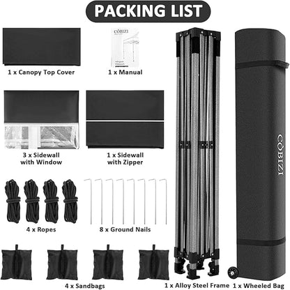 COBIZI 10x10 Pop Up Canopy with 4 Sidewall,Heavy Duty Canopy UPF 50+ All Season Wind Waterproof Commercial Outdoor Wedding Party Tents for Parties Canopy Gazebo with Roller Bag (10 x 10 ft Black)