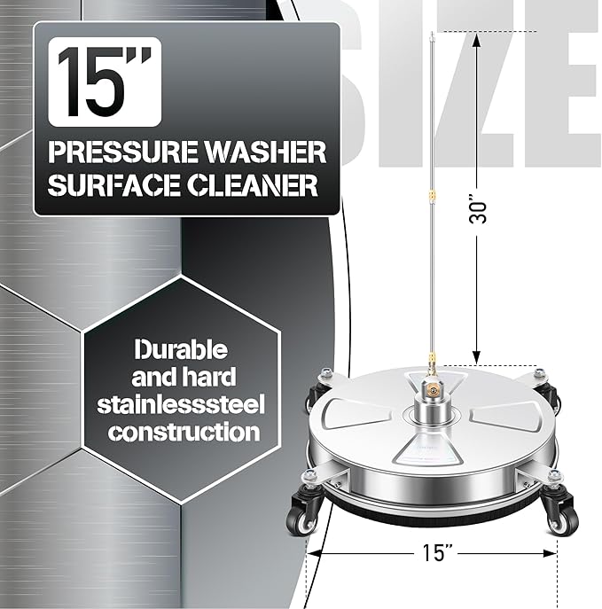 15" Pressure Washer Surface Cleaner with 4 Wheels - Stainless Steel Surface Cleaner for Pressure Washer Attachment for Concrete, Patio, Sidewalk, Deck, Driveways and Daily Washing - PWS 15