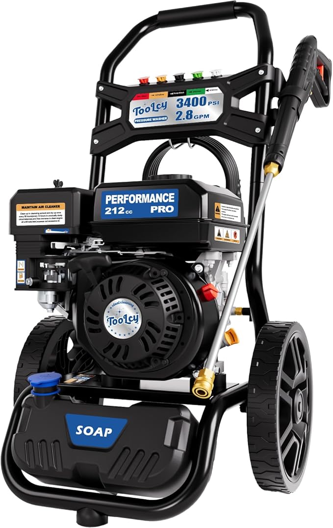 TOOLCY Gas Pressure Washer 3400 PSI & 2.8 GPM Max, High-Powered 212cc Engine, Enhanced Pump, 30FT Pressure Hose, Onboard Soap Tank, Spray Gun & 5 Nozzle Tips, Great for Cars/Driveways/Homes/Patios