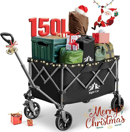 Night Cat Collapsible Wagon for Camping: 150L Garden Gart with Wheels Heavy Duty - Folding Utility Wagon for Outdoor