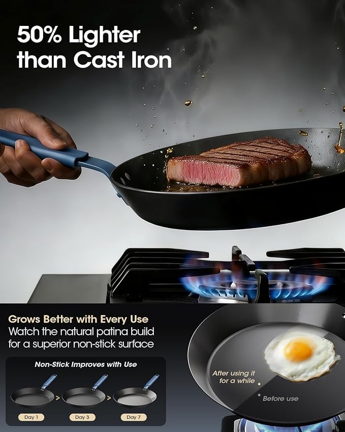 Carbon Steel Frying Pan Set, 10 & 12 Inch Nitrided Skillets | Multiple Cooking Sizes with Natural Patina Development; Ideal for Daily Cooking & High-heat Recipes