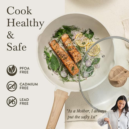 CAROTE 12 Inch Nonstick Deep Frying Pan with Lid, 5.5 Qt White Granite | Kitchen Non-Toxic PFOA Free Cookware, Covered Sauté Pan All Stovetops Compatible, Easy to Clean