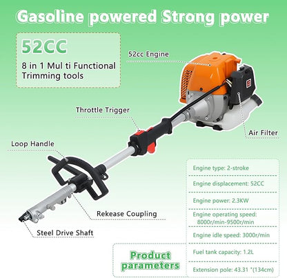 𝟖 𝐢𝐧 𝟏 Gas Weed Wacker, 52cc 2-Cycle Gas Weed Eater, 2025 Upgraded Weed Eater, 9500rpm High Power String Trimmer, Edger Pole Saw Chainsaw Pruner Brush Cutter for Yard, Garden(US Fast Arrival)